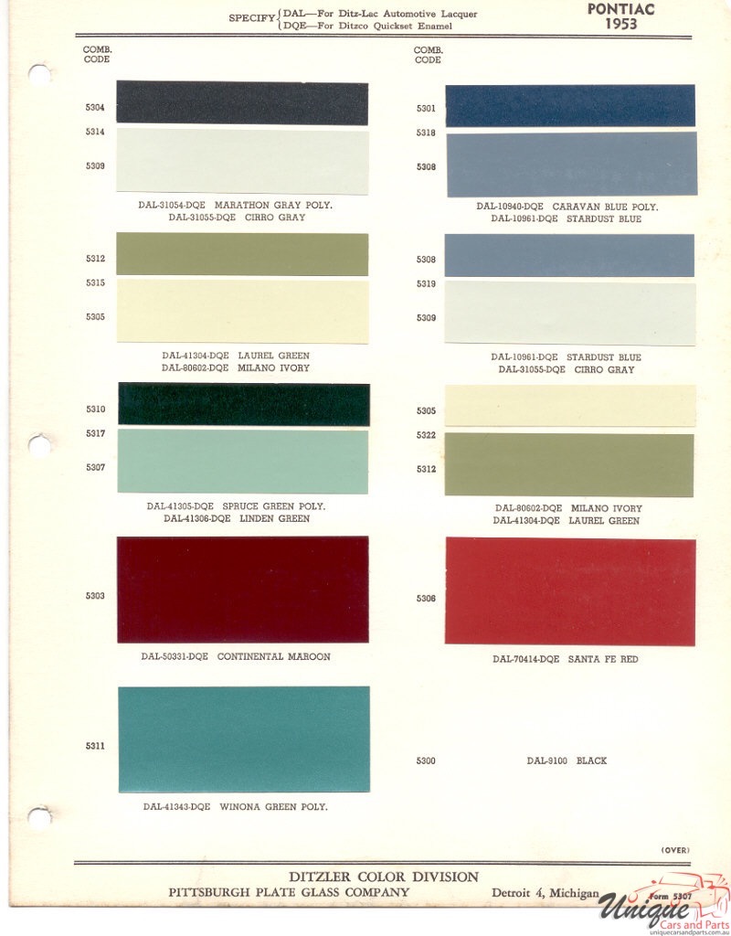 1953 Pontiac Paint Charts PPG 1